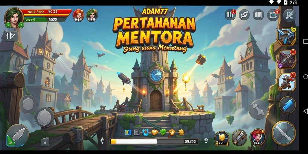 Tangkapan layar gameplay <strong>ADAM77</strong> yang menunjukkan menara beraksi melawan musuh.