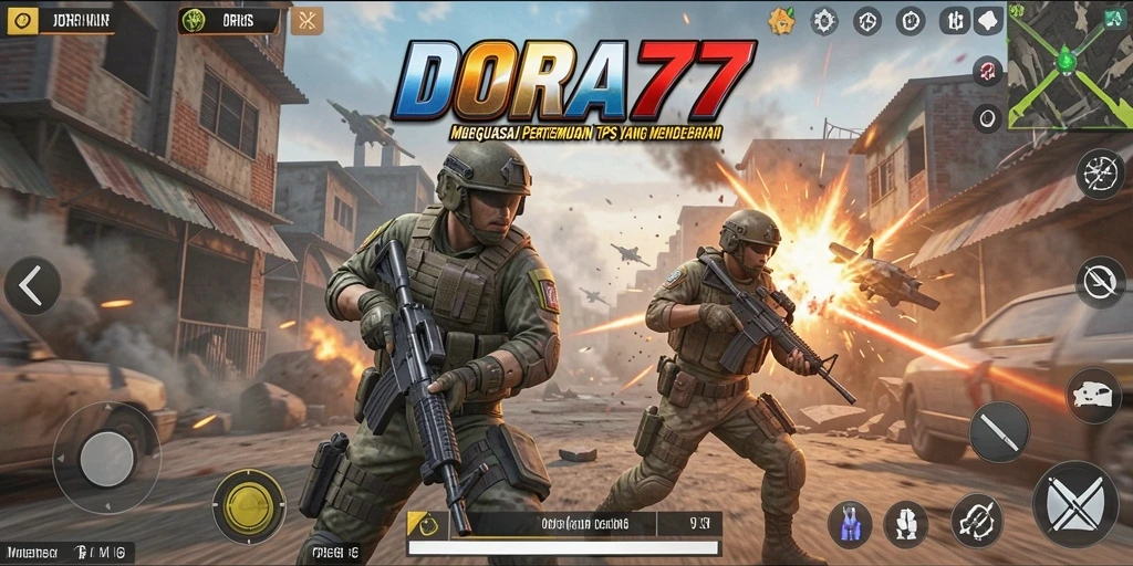 Tangkapan layar gameplay DORA77 dengan aksi tembak-menembak yang intens.