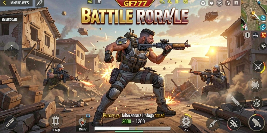 Tangkapan layar utama gameplay GF777 menampilkan aksi pertempuran intens Battle Royale.
