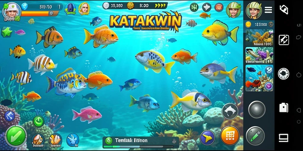 Screenshot KATAKWIN menampilkan aksi seru tembak ikan di bawah laut.