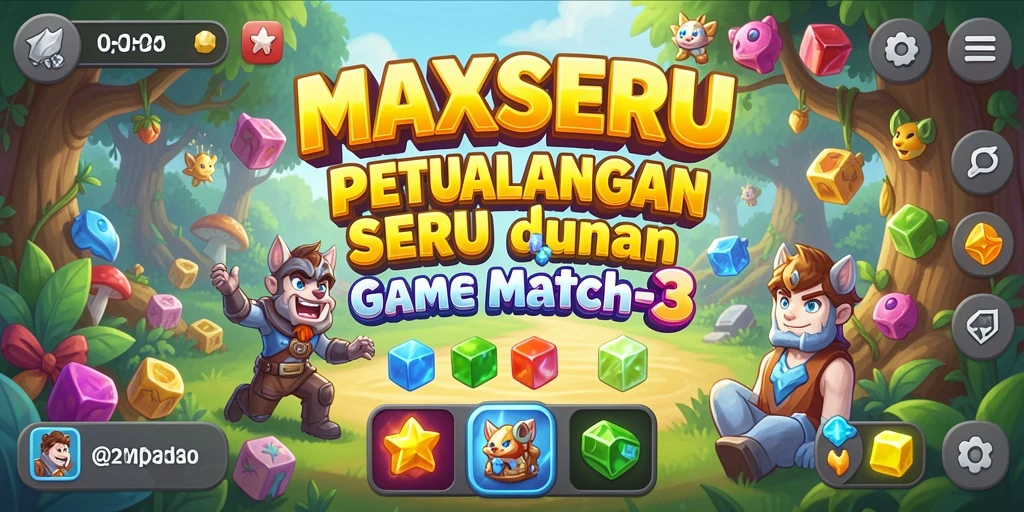 Tampilan gameplay seru dari MAXSERU dengan kombinasi warna-warni Match-3.