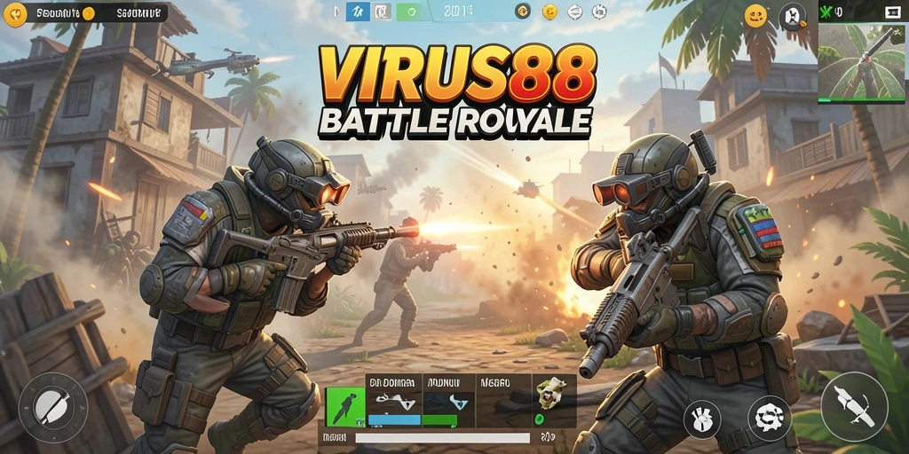 Gameplay intens di VIRUS88 dengan aksi Battle Royale yang mendebarkan.